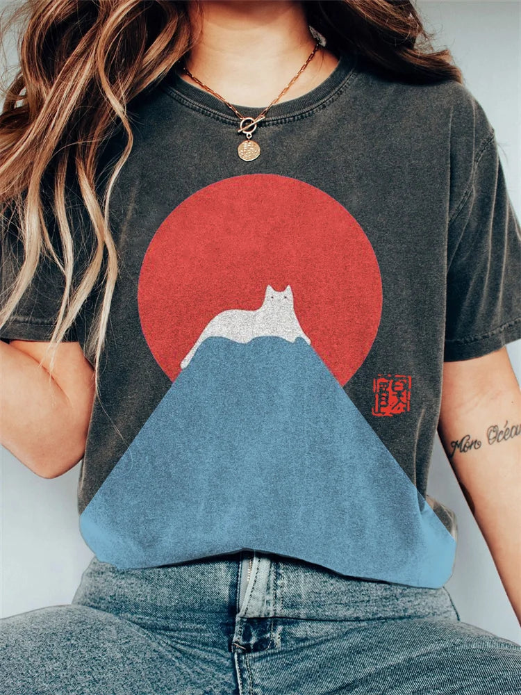 Katoenen T-shirt met Kat en Berg Grafische Print - StudioMarella