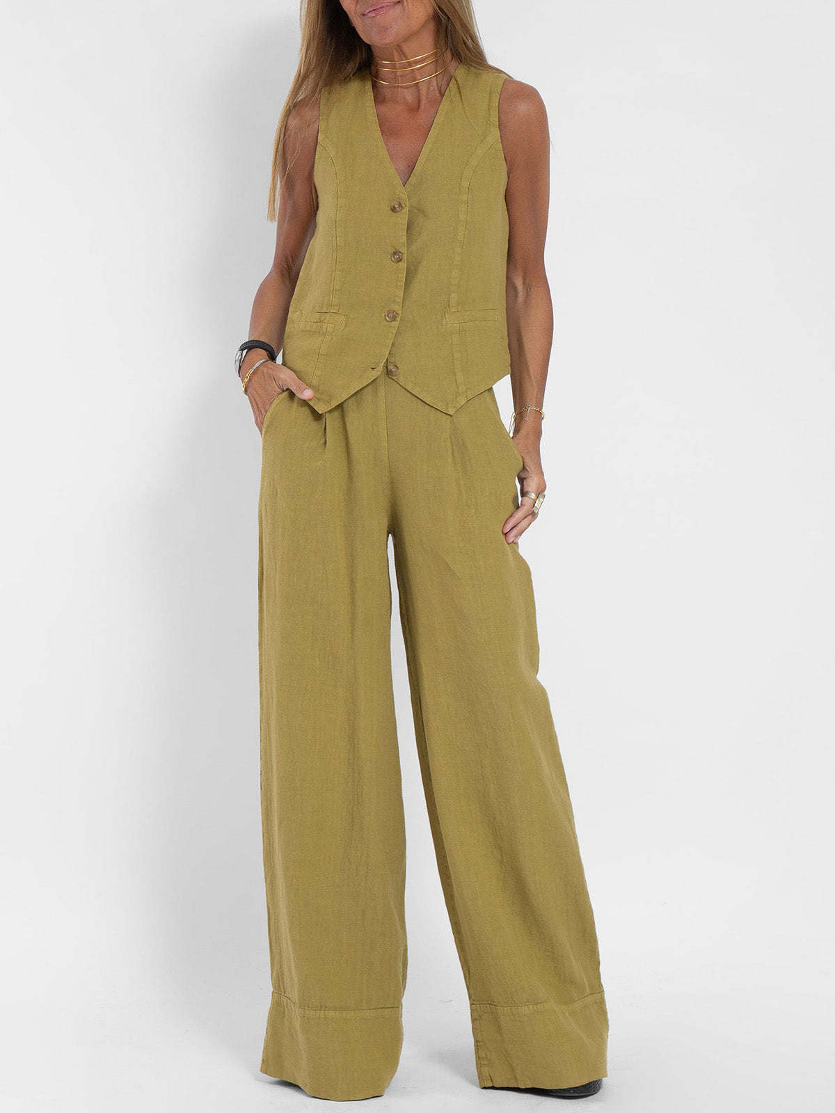 Linnen Set Dame Mouwloos V-Hals Gilet en Wijde Broek