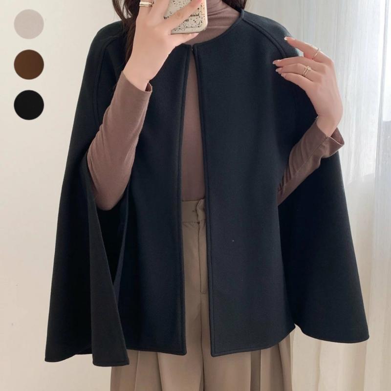 Dames Cape Jas Zwart Wol Wollen Elegante Stijl