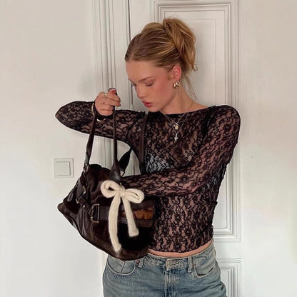 Dames Crop Top Lange Mouwen Kanten Elegant