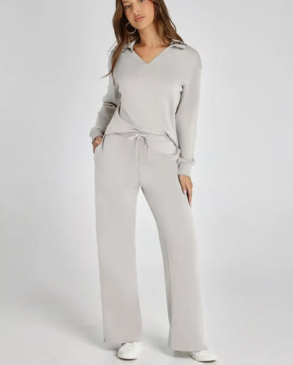 Dames Herfst Outfit: Warme Tweedelige Set met V-Hals Trui en Wijde Broek