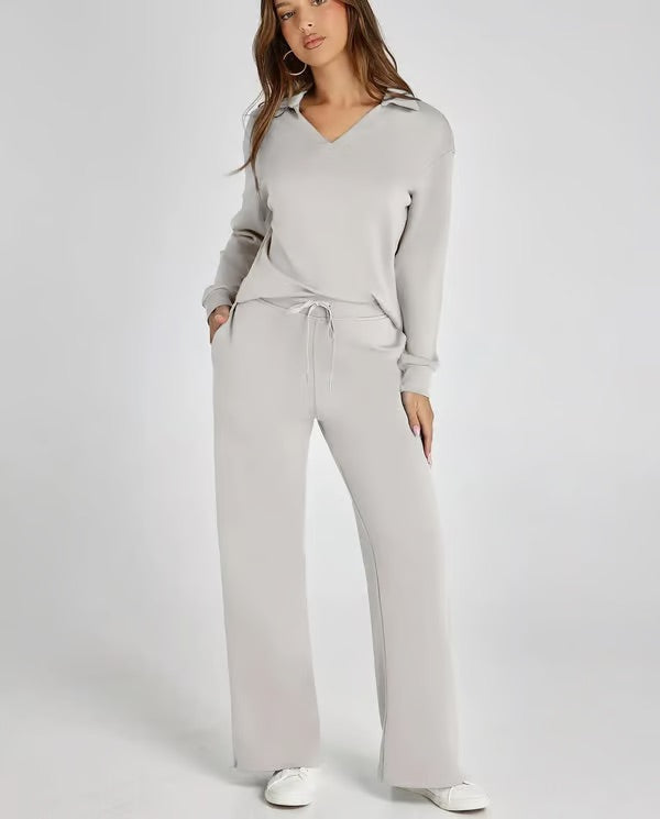 Dames 2-Delige Set met V-Hals Sweatshirt en Wijde Joggingbroek