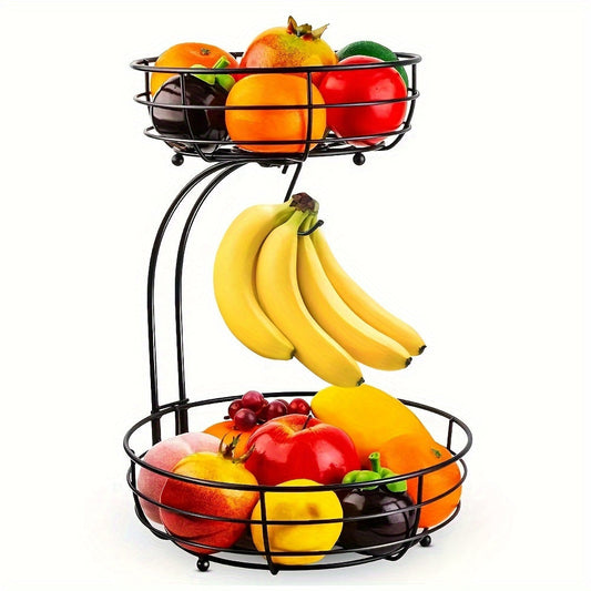 2-laags fruitmand met bananenhouder van metaal voor keuken, aanrecht en opbergen