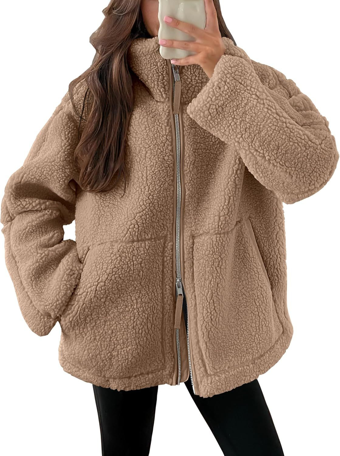 Dames Fleece Jas Warm met Hoge Kraag en Zakken Zwart
