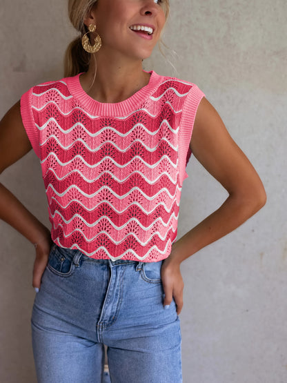 Dames Mouwloos Kabelgebreid Vest Met Contrasterende Halslijn