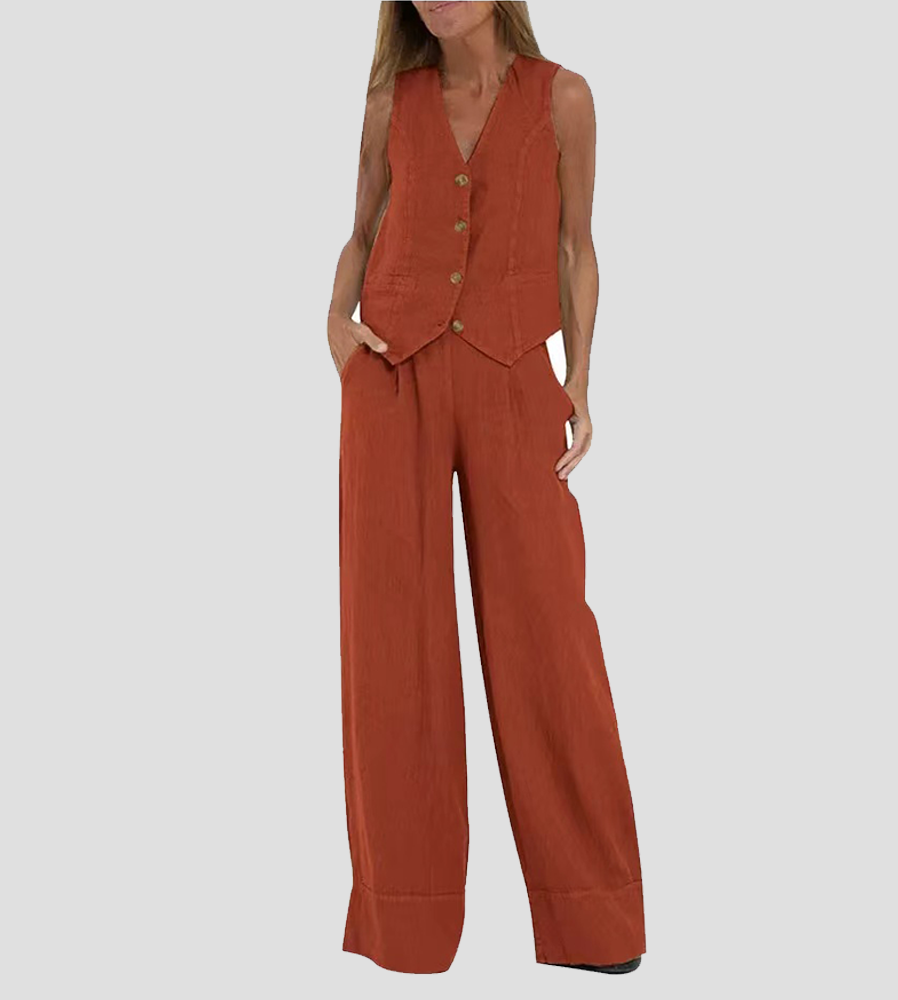 Linnen Set Dame Mouwloos V-Hals Gilet en Wijde Broek