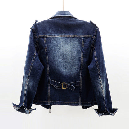 Dames Bikerjas Donkerblauw Denim Slimfit Model