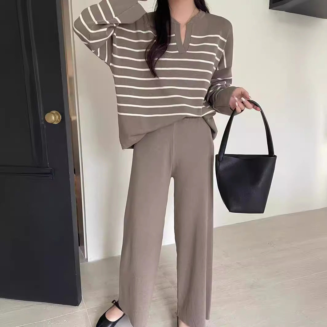 Dames Gebreide Set Streepjes Broek en Top Tweedelig - StudioMarella