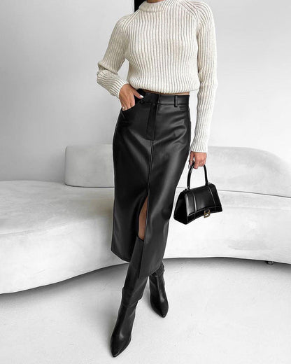 Hoge Taille Maxi Rok Zwart Vegan Leerlook