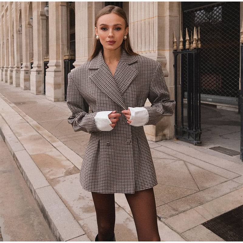 Dames Blazer Geruit Stijlvol met Plooien en Chic Design
