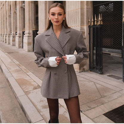 Dames Blazer Geruit Stijlvol met Plooien en Chic Design
