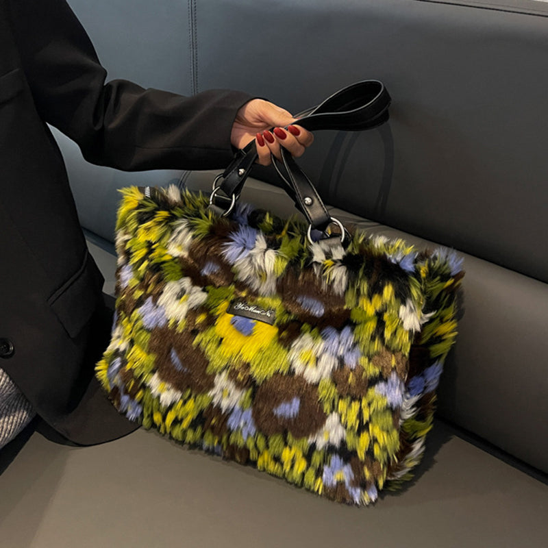 Dames Schoudertas Bloemenprint Pluche Tote Tas