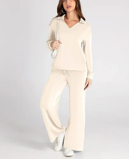Dames 2-Delige Set met V-Hals Sweatshirt en Wijde Joggingbroek