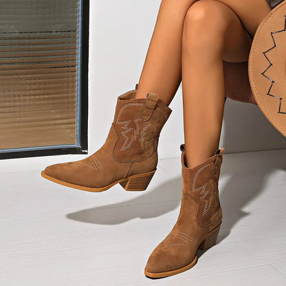 Rode Leer Laarzen voor Vrouwen Geborduurd Western Stijl