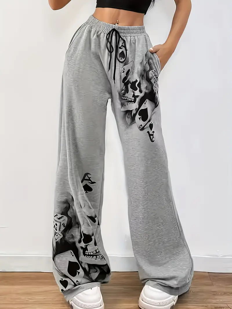 Wijde Vrouwelijke Broek Rookprint met Trekkoord