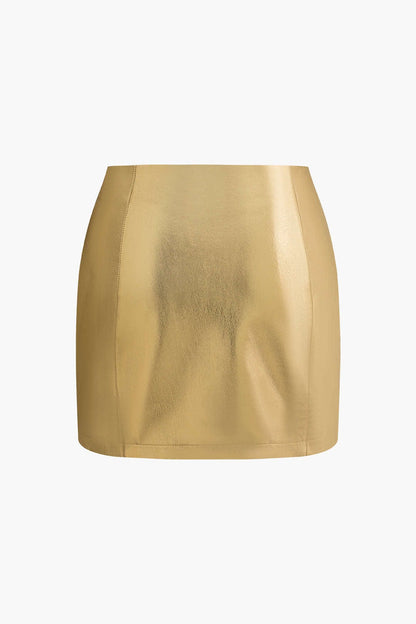 Korte Gouden Minirok met Hoge Taille Glanzend Metallic