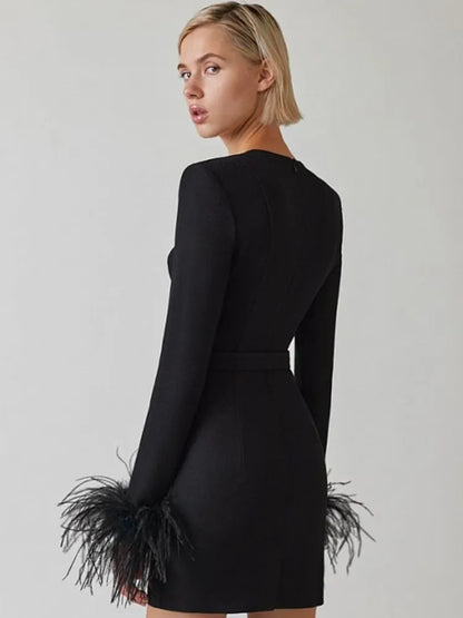 Korte Jurk voor Vrouwen met Veer Details Elegante Minirok