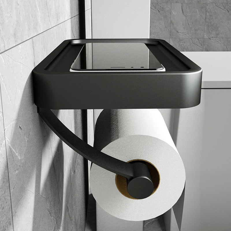 Toiletrolhouder Zwart Metaal met Plankje Wandmontage