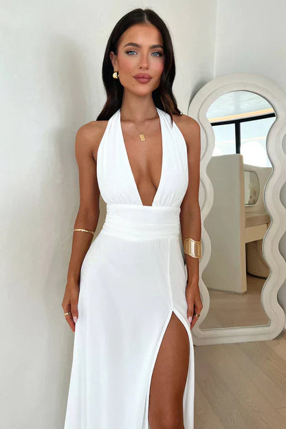 Zomerjurk Maxidress Halterneck met Beenopening Lange Jurk