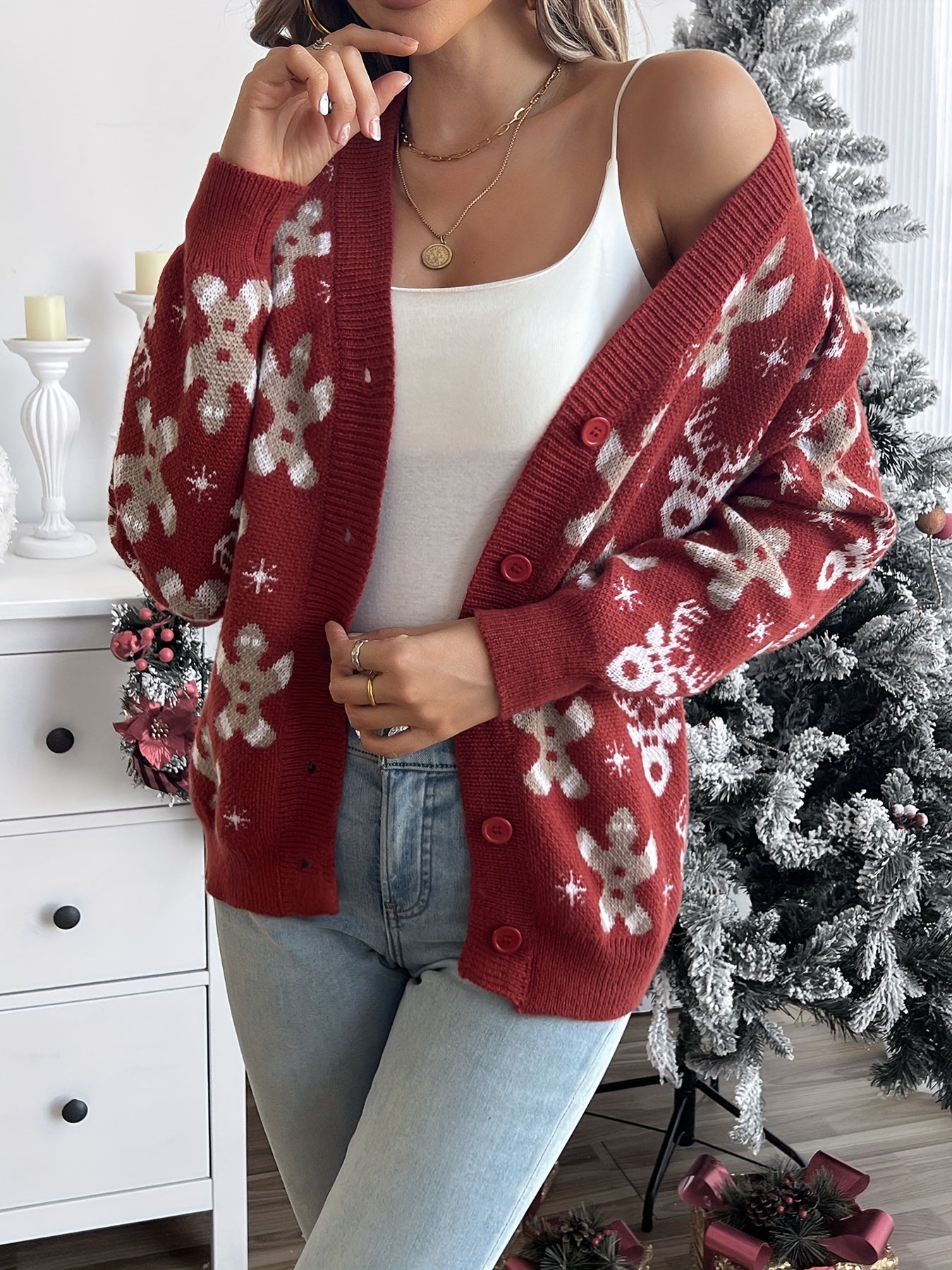 Kerstvest Gebreid Met Knopen Rood Elegant Kersttrui - StudioMarella