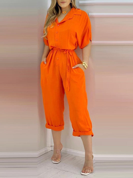 Vrouwelijke Jumpsuit Kort Mouwen Oranje Zomerjurk - StudioMarella