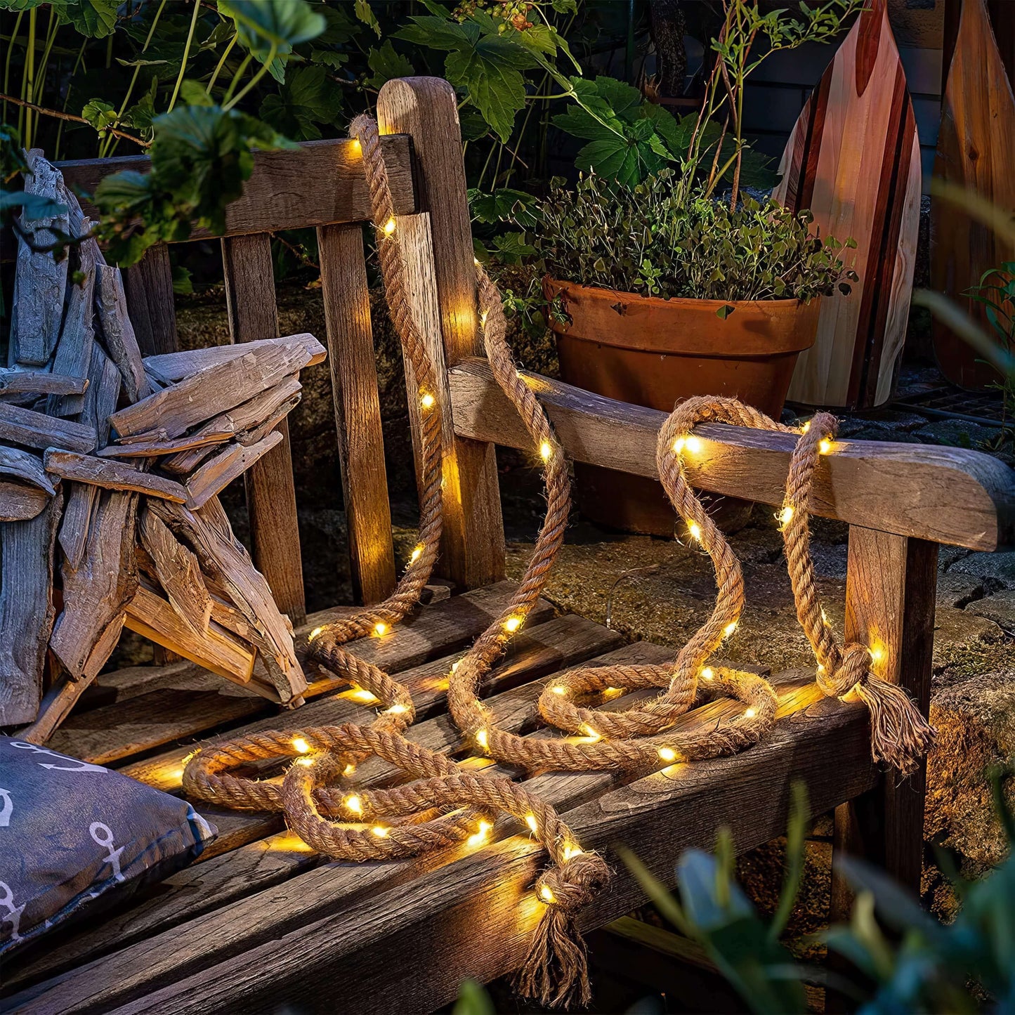 Natuurlijk Decoratief Hanfseil met Geïntegreerde LED-Lichtsnoer Warmwit 4,5 m Rustieke Sfeerlichtslinger voor Binnen en Buiten