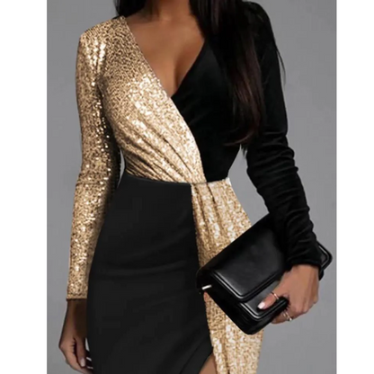 Glitter Jurk Goud met Splithals en V-Hals - StudioMarella