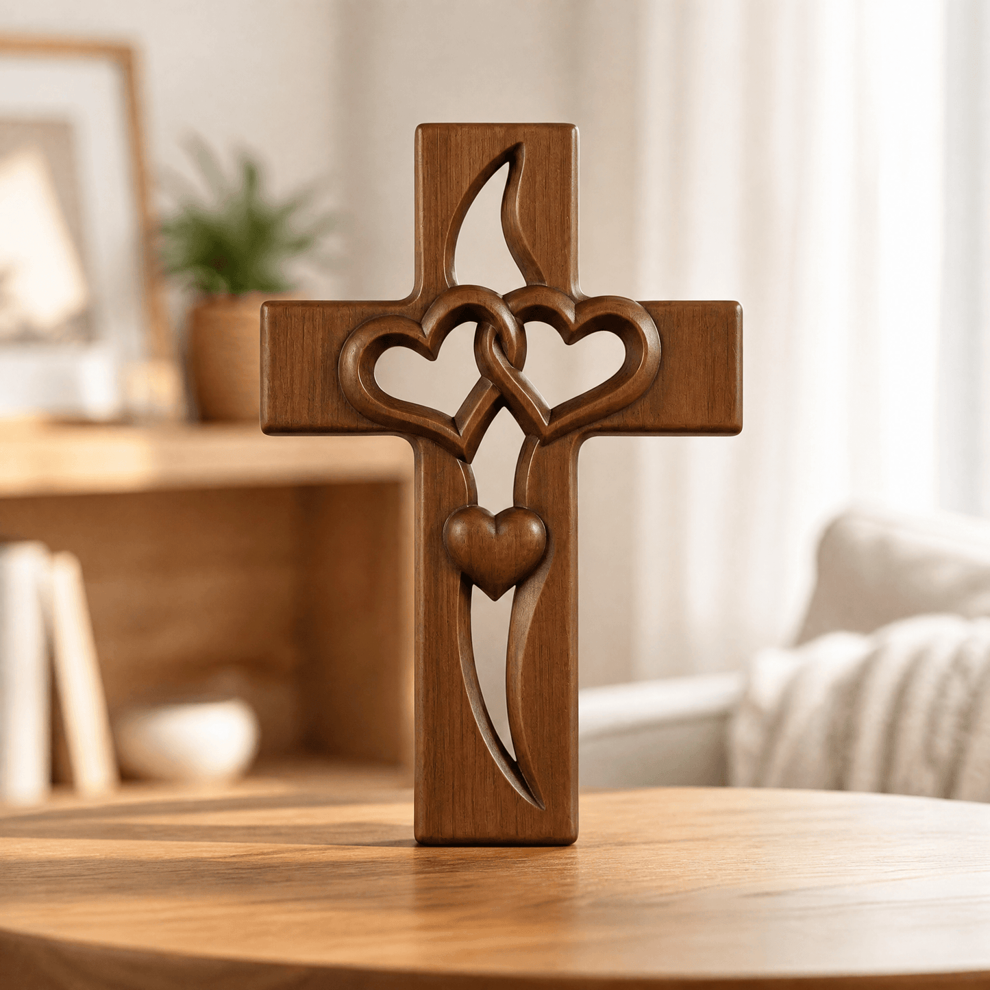 Houten Wandkruis met Gevlochten Harten — Decoratieve Wandversiering voor Geloofsmomenten