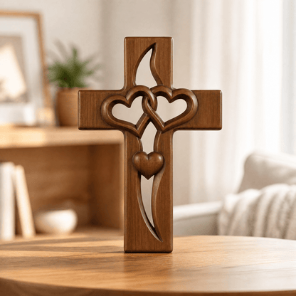 Hartvormig Kruis Wanddecoratie Hout – Handgemaakte Religieuze Wandversiering met Vervlochten Harten – Geloof & Liefde Symbool voor Entree Slaapkamer Woonkamer
