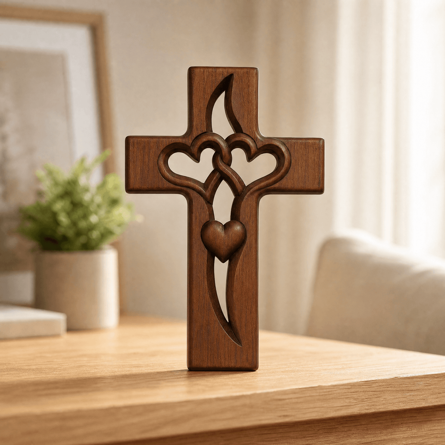 Houten Wandkruis met Gevlochten Harten — Decoratieve Wandversiering voor Geloofsmomenten