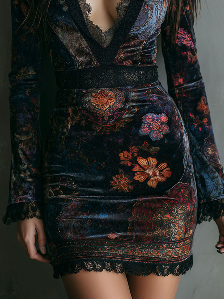Dames Jurk Fluwelen Mini Bloemenprint V-Hals Kant