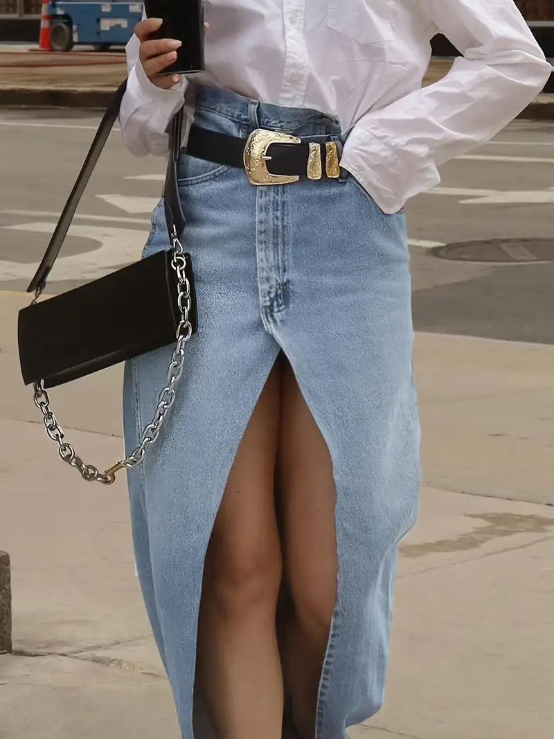 Dames Maxi Rok Hoge Taille Denim Split Voorzijde