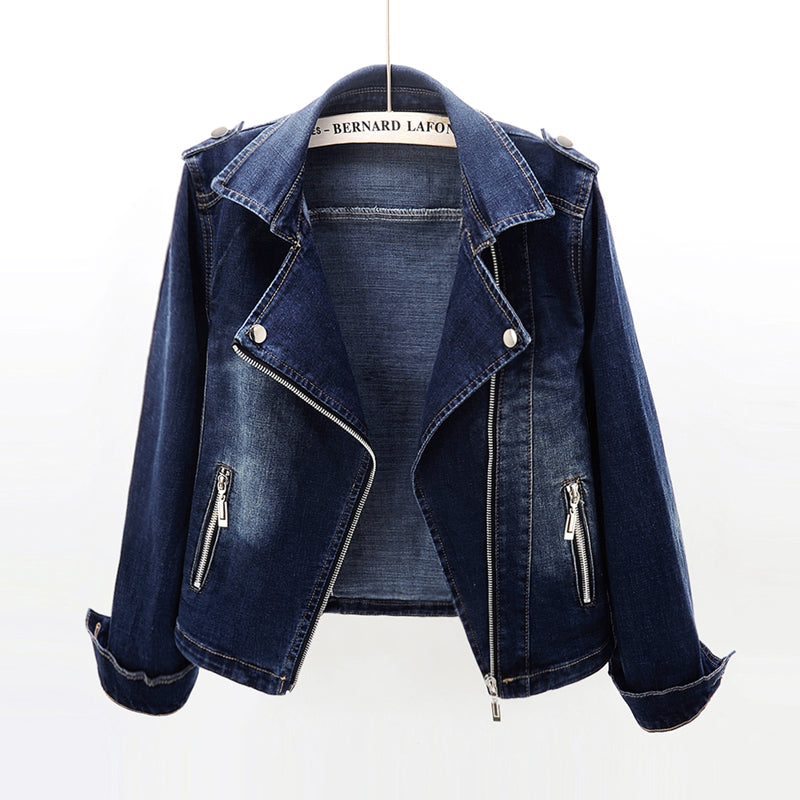 Dames Bikerjas Donkerblauw Denim Slimfit Model
