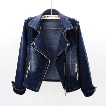 Dames Bikerjas Donkerblauw Denim Slimfit Model