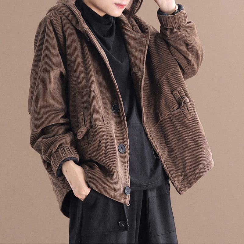 Dames Jas Corduroy Warme Winterjas met Capuchon