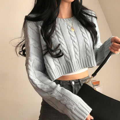 Dames Trui Kabelpatroon Cropped Ronde Hals Trendy