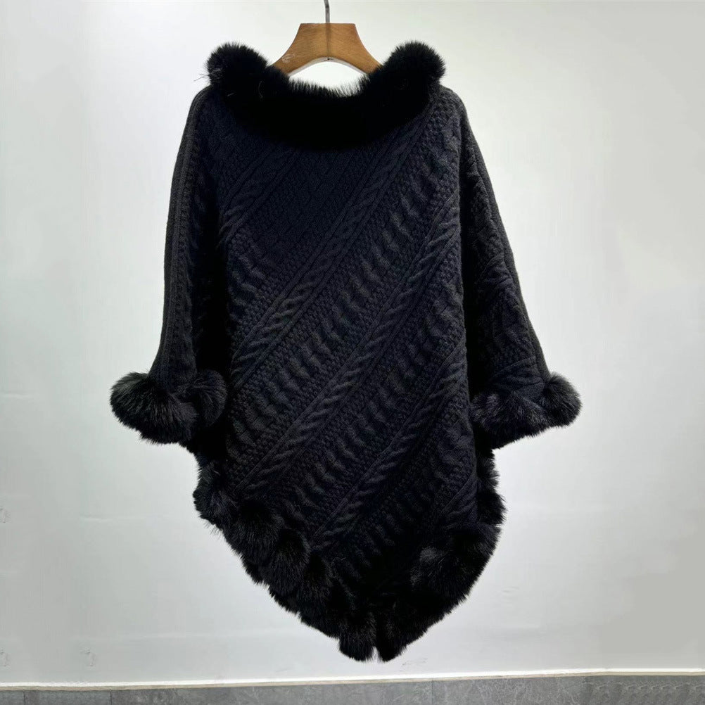 Dames Sjaal Cape met Kunstbont Kraag Gebreid Warm
