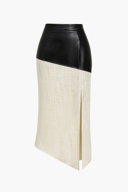 Asymmetrische Midirok van Kunstleer en Linnen Zwart Elegant - StudioMarella