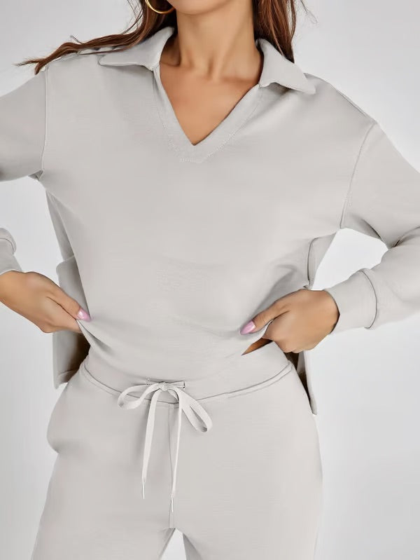 Dames Sweatset met V-Hals Trui en Wijde Broek Comfortabel Warm