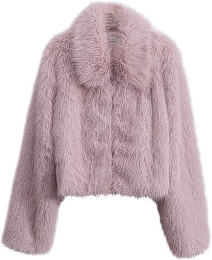 Dames Faux Fur Jas Kort Warm Met Rits en Kraag
