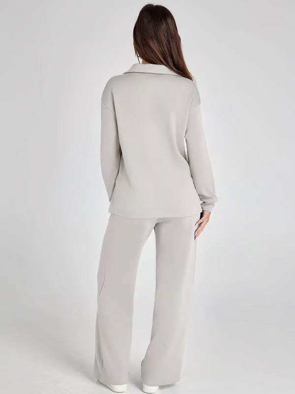 Dames 2-Delige Set met V-Hals Sweatshirt en Wijde Joggingbroek