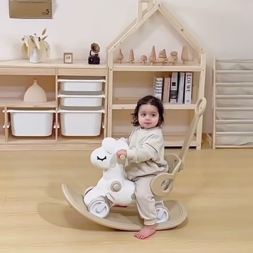 2-in-1 baby schommelpaard loopfiets kunststof roze kinderen peuter met duwstang balansspeelgoed binnen speelgoed