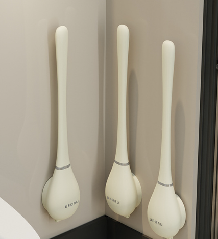 Siliconen Toiletborstel met Wandhouder - Moderne Hygiënische WC Borstel met Vlakke Kop - Beige Wit Groen - Badkameraccessoire met Drip Tray