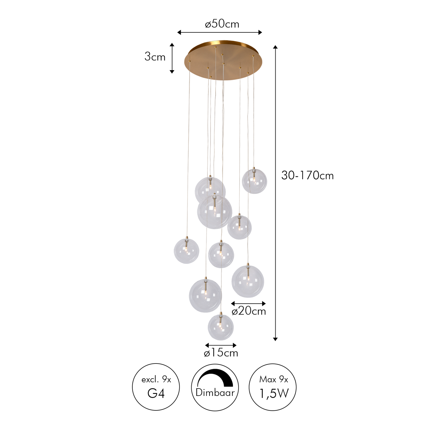 Cluster Hanglamp 9 Glazen Bollen Antiek Messing Verstelbaar 170cm Woonkamer