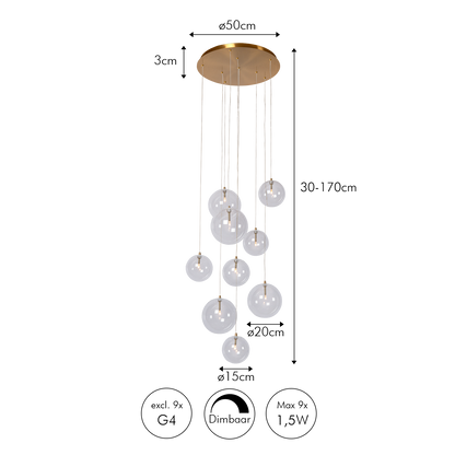 Cluster Hanglamp 9 Glazen Bollen Antiek Messing Verstelbaar 170cm Woonkamer