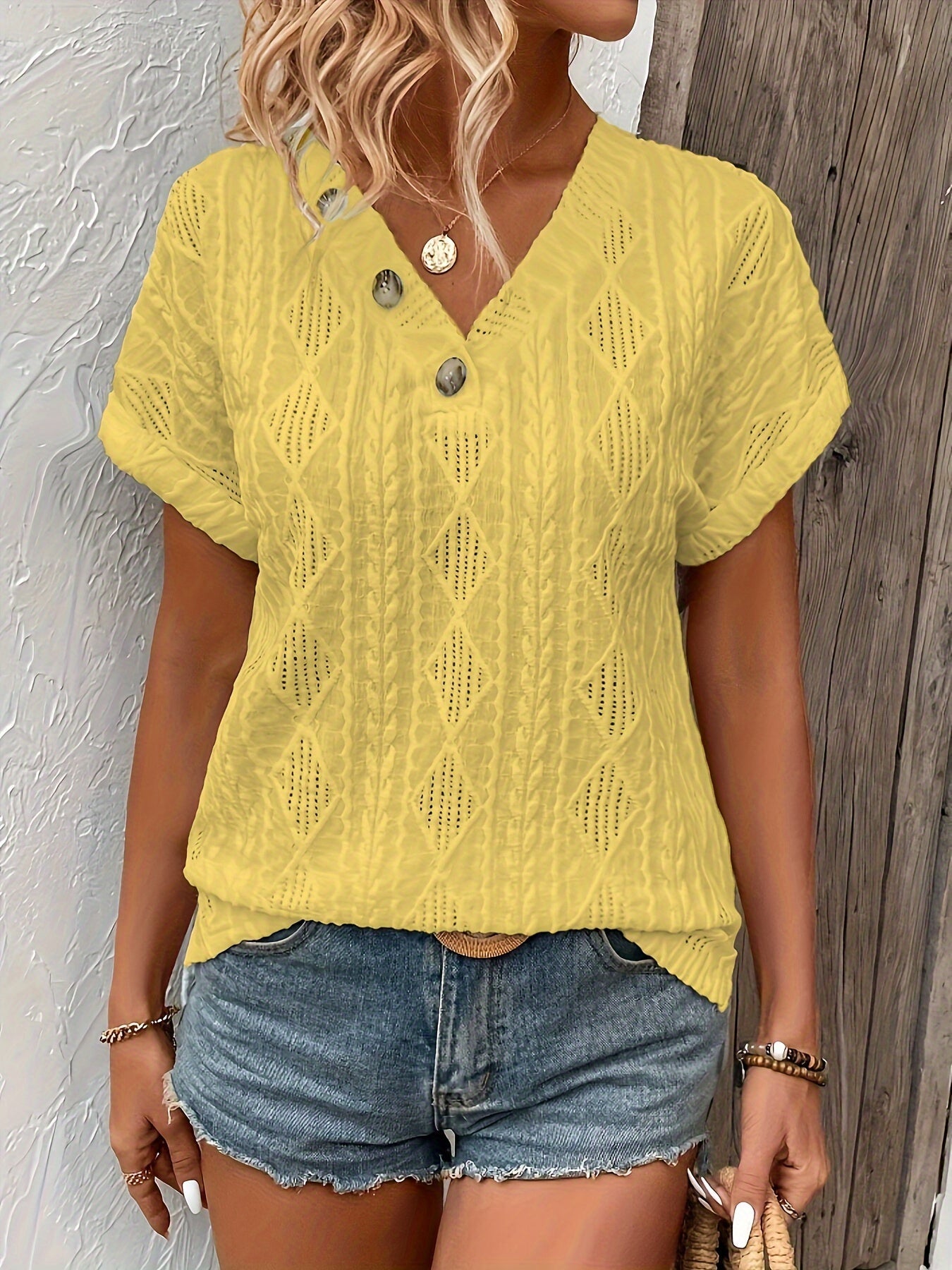 Gebreide V-Hals Top met Knoopjes Detail