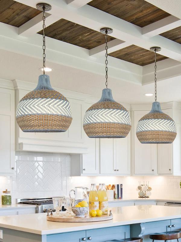 Handgeweven Rotan Hanglamp Blauw Vintage Kap Eetkamer Keuken Woonkamer Scandinavisch Lichtarmatuur