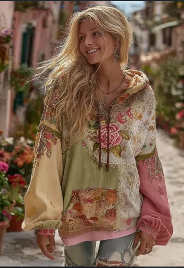 Vrouwelijke Hoodie Bloemenprint Vintage Look