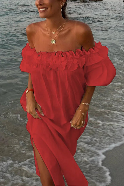 Vrouwelijke Off-the-shoulder Jurk met Ruches en Pofmouwen