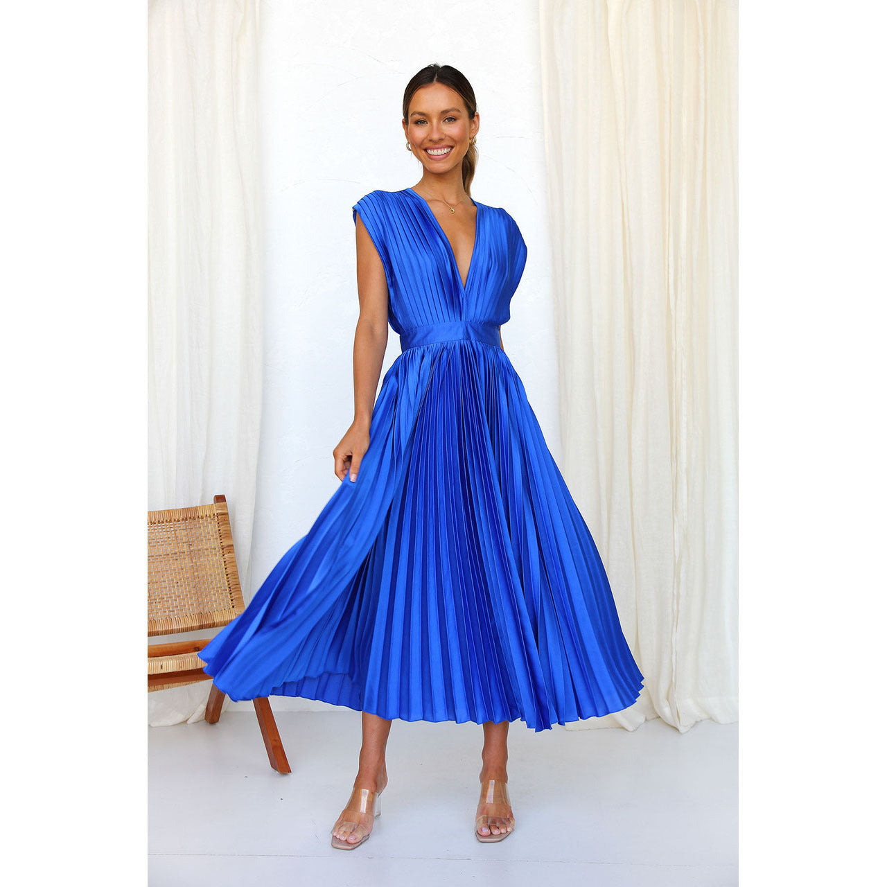 Dames Midi-jurk Plissérok V-hals Elegante Zomerjurk
